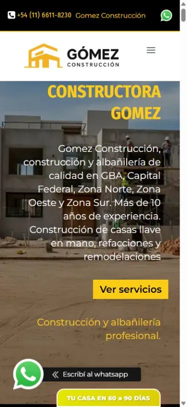 Vista del sitio de Gómez Construcción en celular